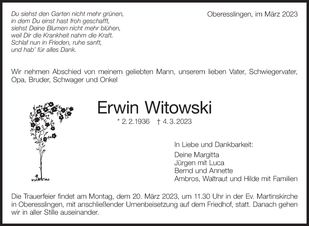  Traueranzeige für Erwin Witowski vom 15.03.2023 aus Eßlinger Zeitung/Cannstatter Zeitung