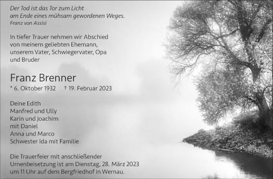 Traueranzeige von Franz Brenner von Eßlinger Zeitung/Cannstatter Zeitung