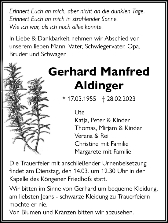 Traueranzeige von Gerhard Manfred Aldinger von Eßlinger Zeitung/Cannstatter Zeitung