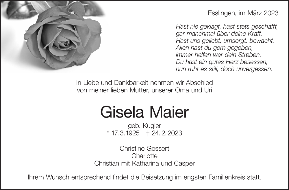  Traueranzeige für Gisela Maier vom 04.03.2023 aus Eßlinger Zeitung/Cannstatter Zeitung