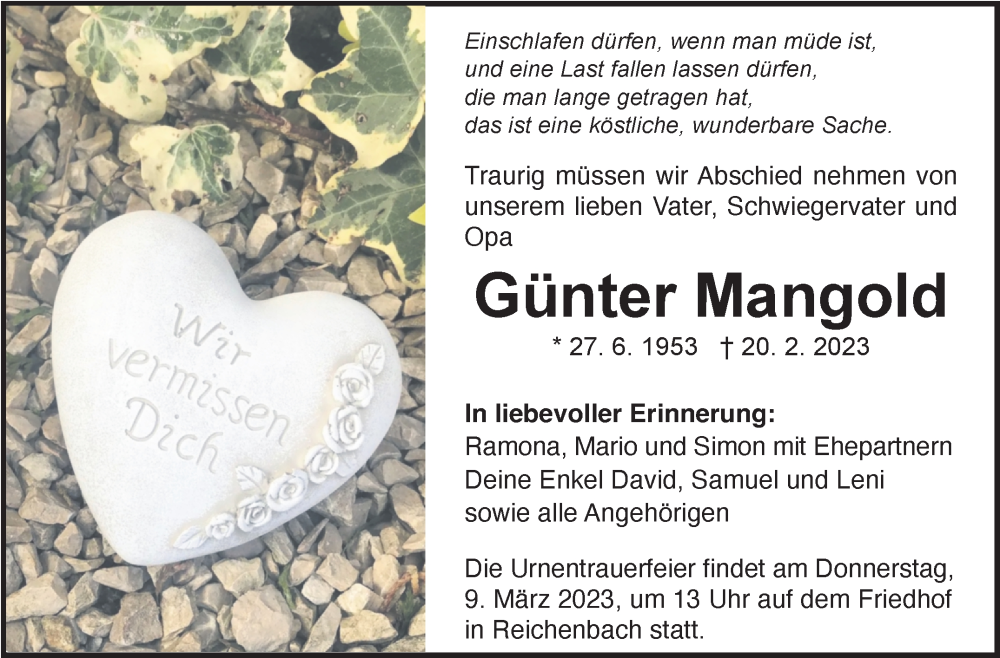  Traueranzeige für Günter Mangold vom 02.03.2023 aus Eßlinger Zeitung/Cannstatter Zeitung