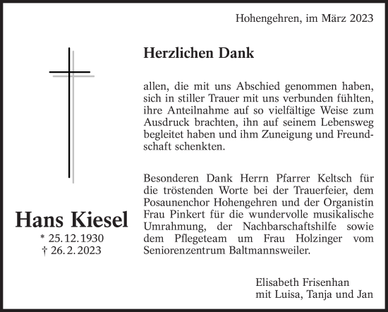 Traueranzeige von Hans Kiesel von Eßlinger Zeitung/Cannstatter Zeitung