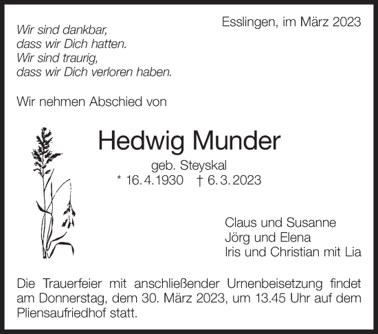 Traueranzeige von Hedwig Munder von Eßlinger Zeitung/Cannstatter Zeitung