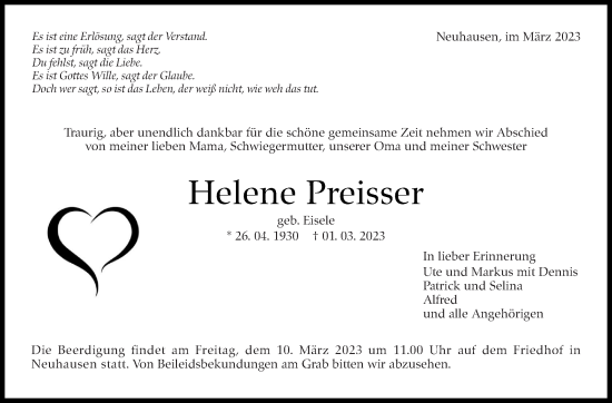 Traueranzeige von Helene Preisser von Eßlinger Zeitung/Cannstatter Zeitung