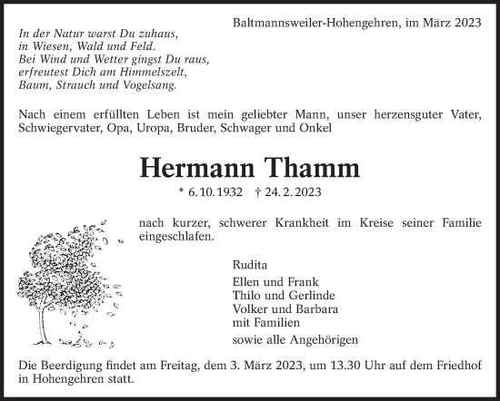 Traueranzeige von Hermann Thamm von Eßlinger Zeitung/Cannstatter Zeitung