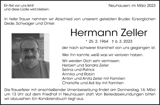 Traueranzeige von Hermann Zeller von Eßlinger Zeitung/Cannstatter Zeitung