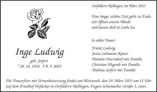 Traueranzeige von Inge Ludwig von Eßlinger Zeitung/Cannstatter Zeitung