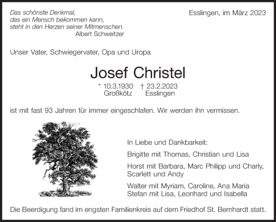 Traueranzeige von Josef Christel von Eßlinger Zeitung/Cannstatter Zeitung