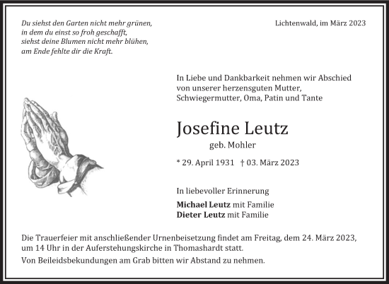 Traueranzeige von Josefine Leutz von Eßlinger Zeitung/Cannstatter Zeitung