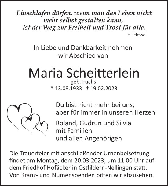 Traueranzeige von Maria Scheitterlein von Eßlinger Zeitung/Cannstatter Zeitung
