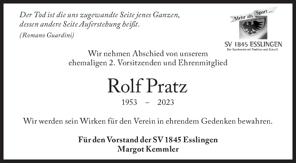  Traueranzeige für Rolf Pratz vom 08.03.2023 aus Eßlinger Zeitung/Cannstatter Zeitung