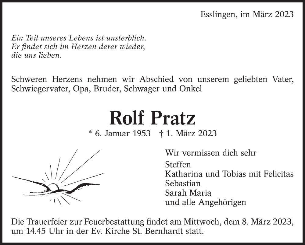  Traueranzeige für Rolf Pratz vom 04.03.2023 aus Eßlinger Zeitung/Cannstatter Zeitung