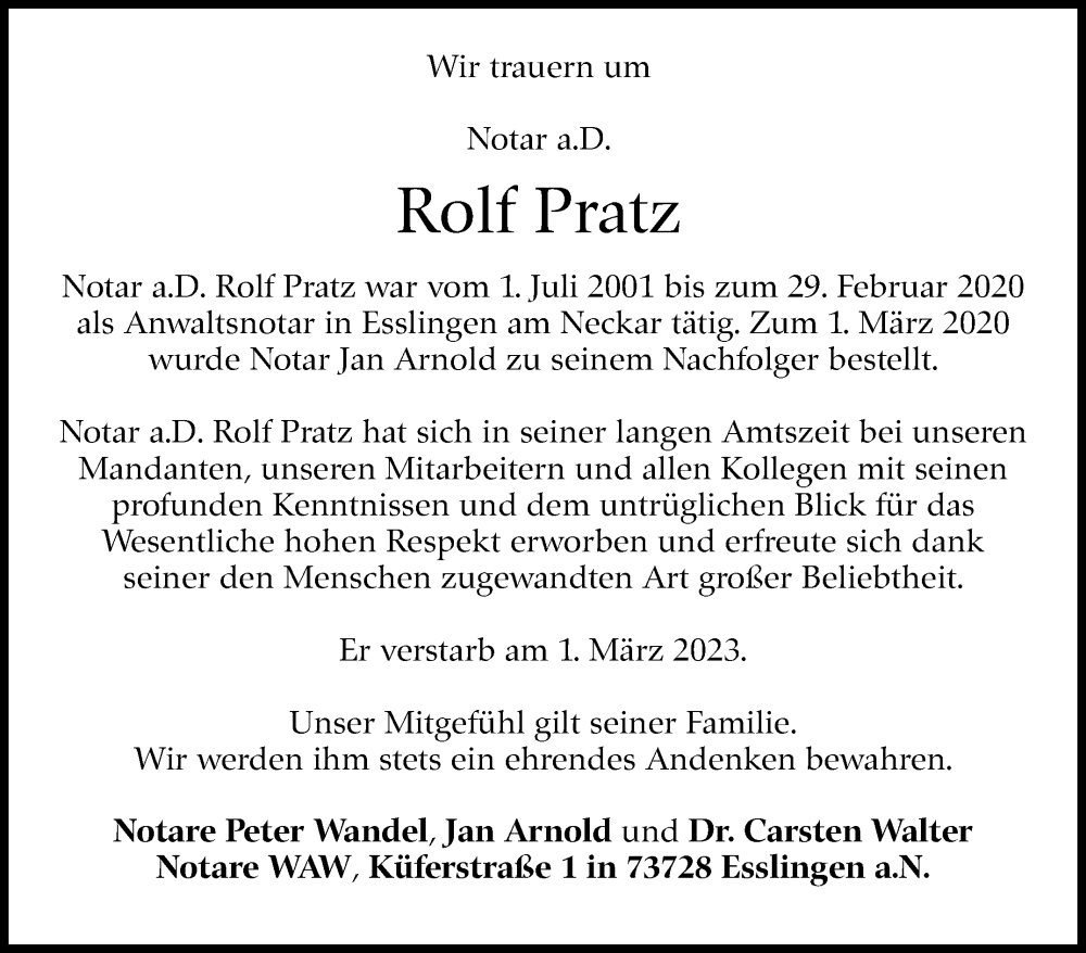  Traueranzeige für Rolf Pratz vom 14.03.2023 aus Eßlinger Zeitung/Cannstatter Zeitung