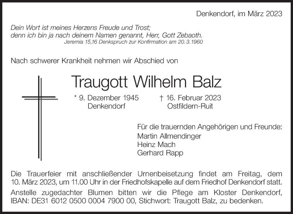  Traueranzeige für Traugott Wilhelm Balz vom 04.03.2023 aus Eßlinger Zeitung/Cannstatter Zeitung