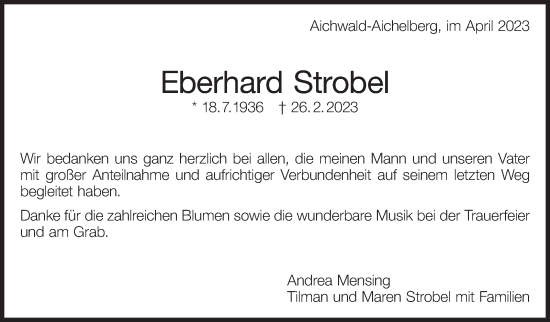 Traueranzeige von Eberhard Strobel von Eßlinger Zeitung/Cannstatter Zeitung