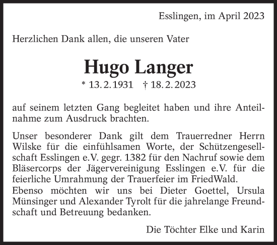 Traueranzeige von Hugo Langer von Eßlinger Zeitung/Cannstatter Zeitung