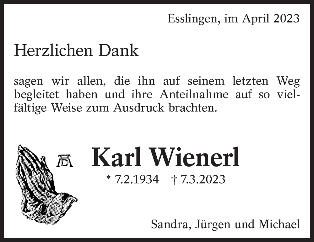  Traueranzeige für Karl Wienerl vom 01.04.2023 aus Eßlinger Zeitung/Cannstatter Zeitung