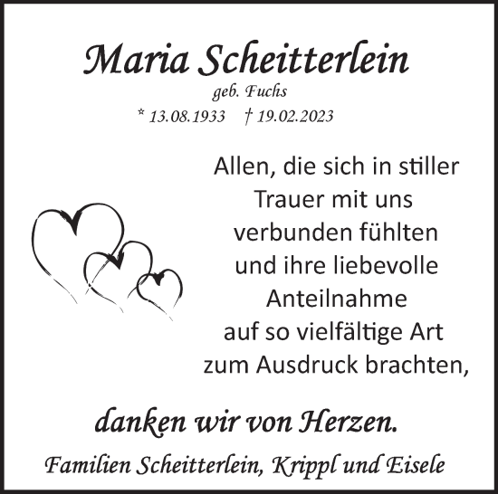 Traueranzeige von Maria Scheitterlein von Eßlinger Zeitung/Cannstatter Zeitung