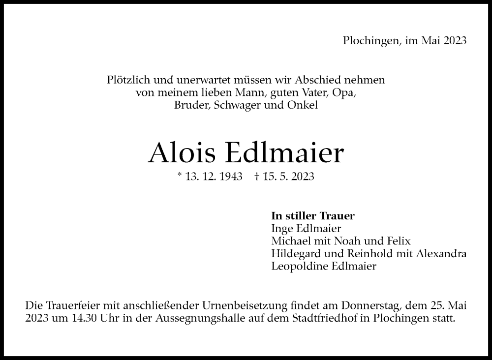  Traueranzeige für Alois Edlmaier vom 20.05.2023 aus Eßlinger Zeitung/Cannstatter Zeitung