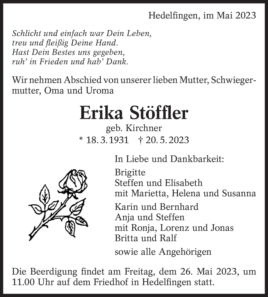  Traueranzeige für Erika Stöffler vom 25.05.2023 aus Eßlinger Zeitung/Cannstatter Zeitung