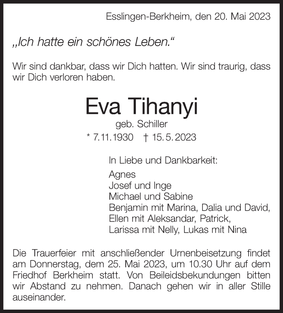  Traueranzeige für Eva Tihanyi vom 20.05.2023 aus Eßlinger Zeitung/Cannstatter Zeitung