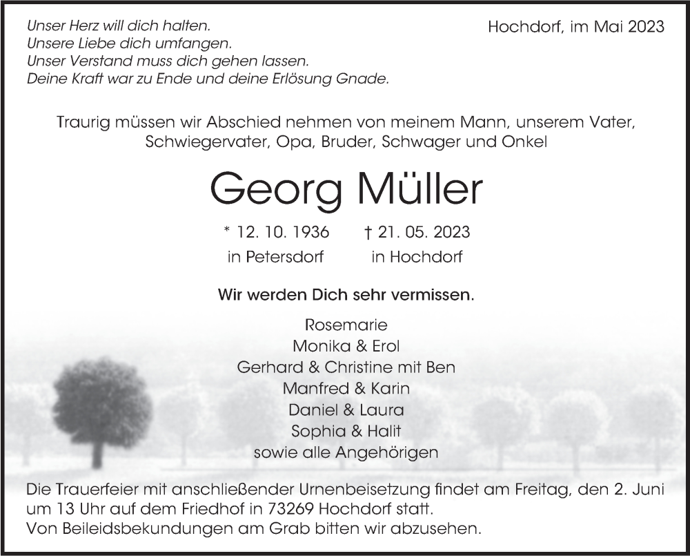  Traueranzeige für Georg Müller vom 30.05.2023 aus Eßlinger Zeitung/Cannstatter Zeitung