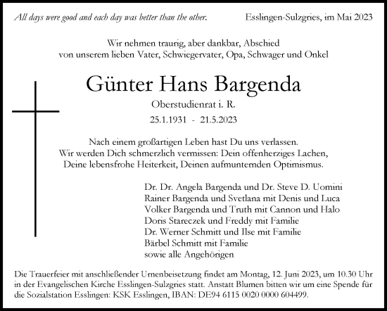 Traueranzeige von Günter Hans Bargenda von Eßlinger Zeitung/Cannstatter Zeitung