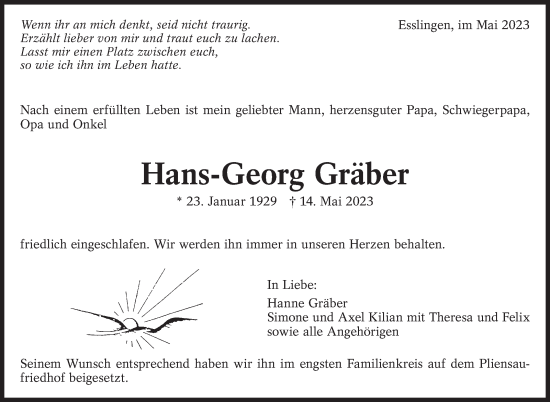 Traueranzeige von Hans-Georg Gräber von Eßlinger Zeitung/Cannstatter Zeitung