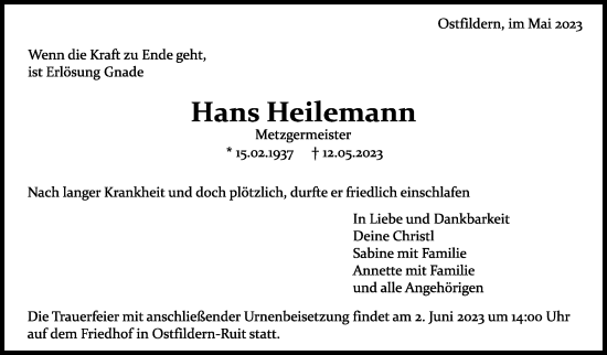 Traueranzeige von Hans Heilemann von Eßlinger Zeitung/Cannstatter Zeitung