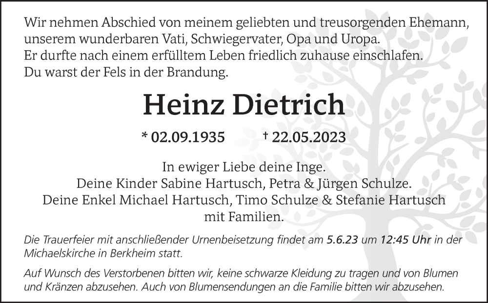  Traueranzeige für Heinz Dietrich vom 26.05.2023 aus Eßlinger Zeitung/Cannstatter Zeitung