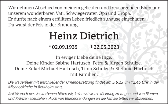 Traueranzeige von Heinz Dietrich von Eßlinger Zeitung/Cannstatter Zeitung