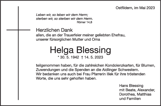 Traueranzeige von Helga Blessing von Eßlinger Zeitung/Cannstatter Zeitung