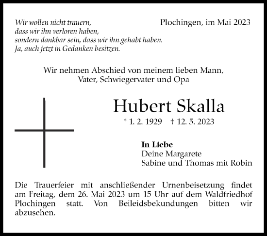 Traueranzeige von Hubert Skalla von Eßlinger Zeitung/Cannstatter Zeitung
