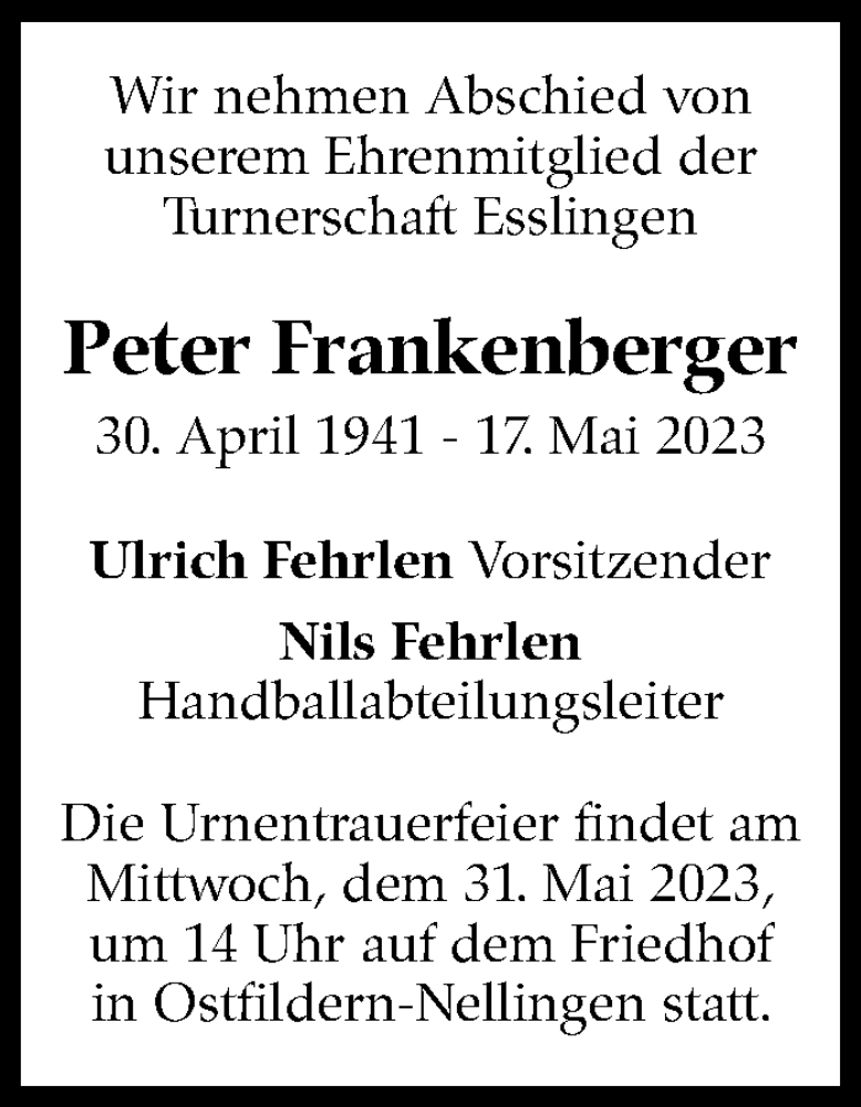  Traueranzeige für Peter Frankenberger vom 27.05.2023 aus Eßlinger Zeitung/Cannstatter Zeitung