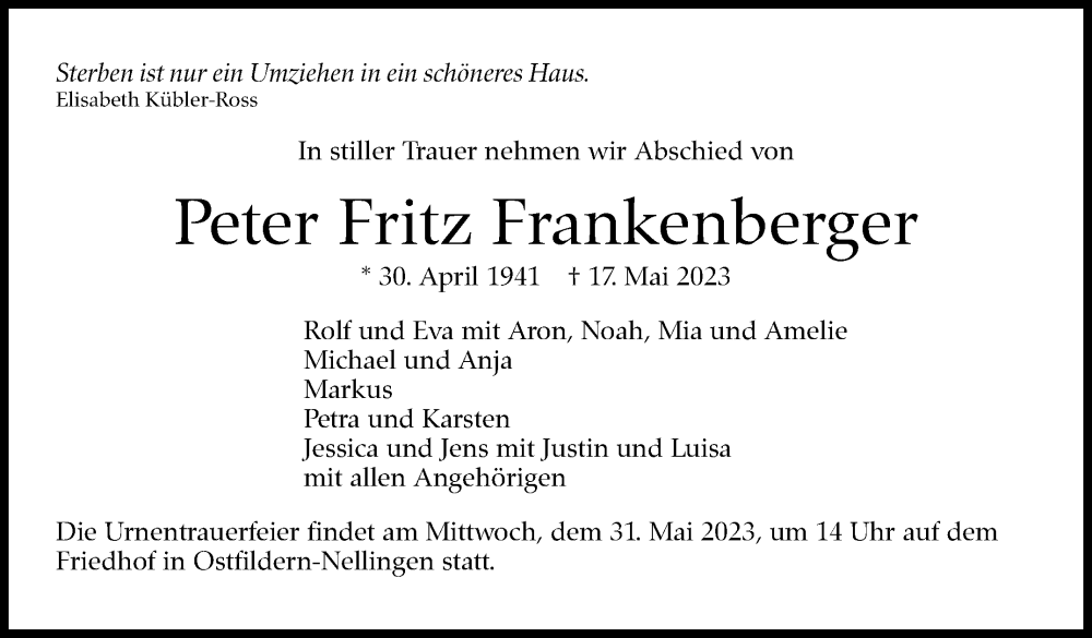  Traueranzeige für Peter Fritz Frankenberger vom 20.05.2023 aus Eßlinger Zeitung/Cannstatter Zeitung