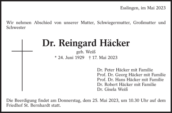 Traueranzeige von Reingard Häcker von Eßlinger Zeitung/Cannstatter Zeitung