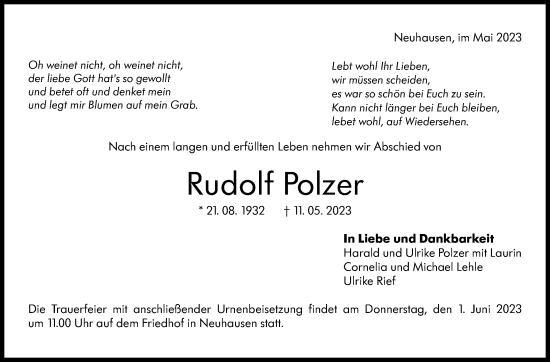 Traueranzeige von Rudolf Polzer von Eßlinger Zeitung/Cannstatter Zeitung
