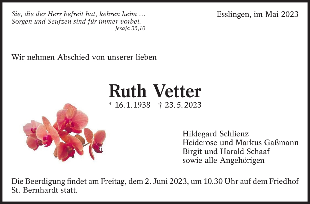  Traueranzeige für Ruth Vetter vom 27.05.2023 aus Eßlinger Zeitung/Cannstatter Zeitung