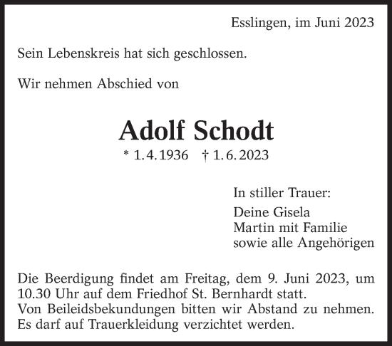 Traueranzeige von Adolf Schodt von Eßlinger Zeitung/Cannstatter Zeitung