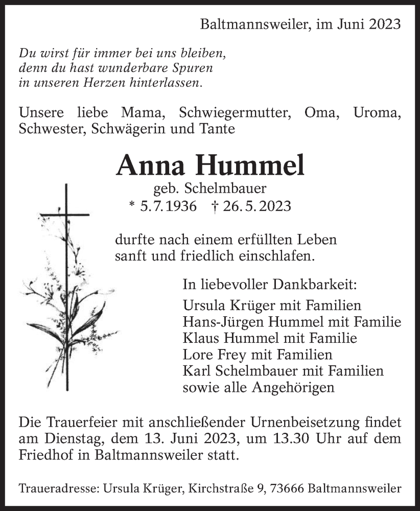  Traueranzeige für Anna Hummel vom 07.06.2023 aus Eßlinger Zeitung/Cannstatter Zeitung