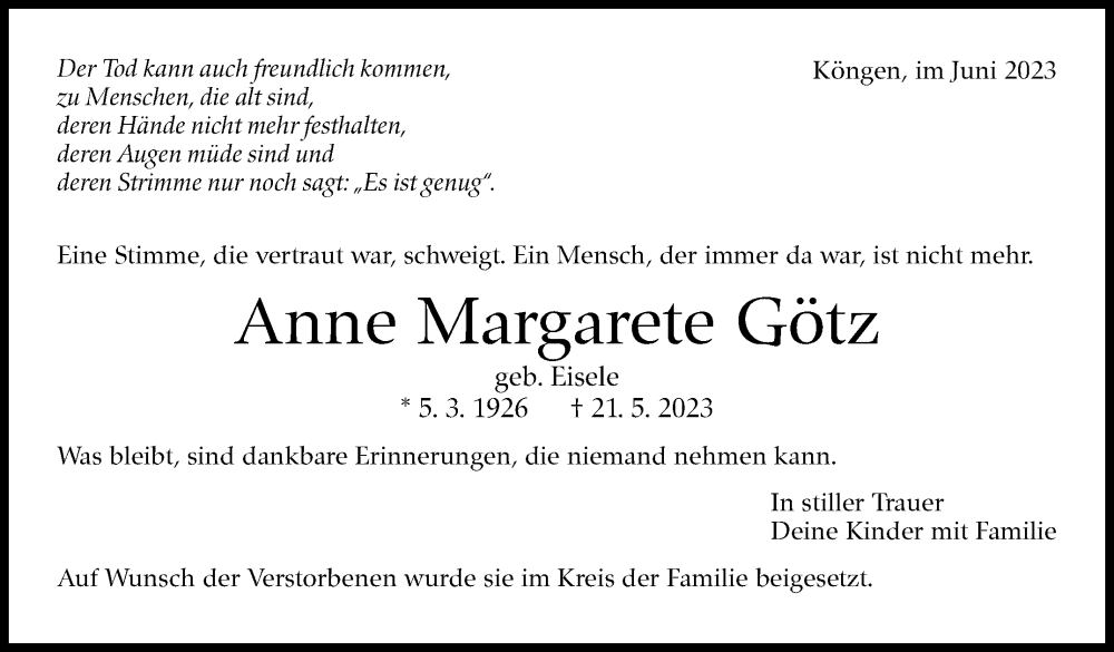  Traueranzeige für Anne Margarete Götz vom 01.06.2023 aus Eßlinger Zeitung/Cannstatter Zeitung