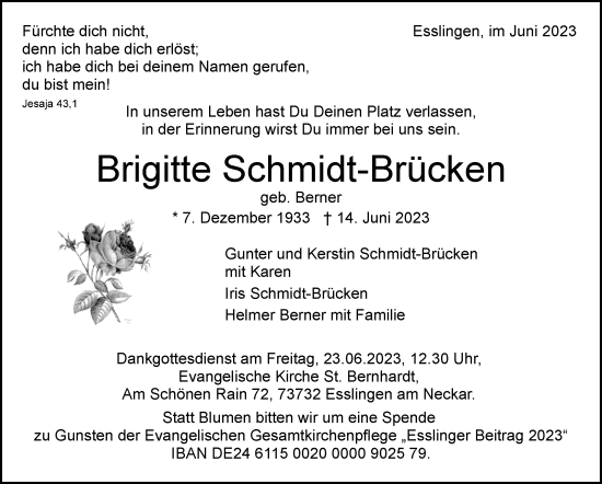 Traueranzeige von Brigitte Schmidt-Brücken von Eßlinger Zeitung/Cannstatter Zeitung