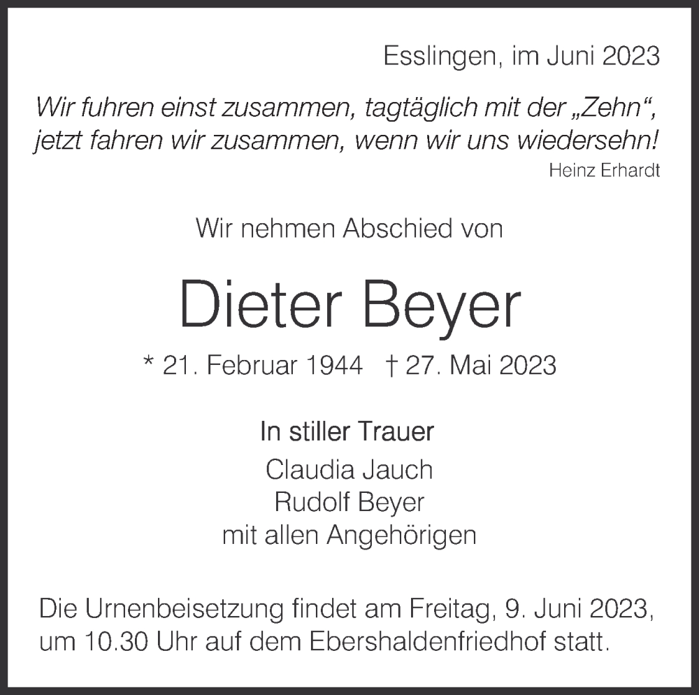  Traueranzeige für Dieter Beyer vom 03.06.2023 aus Eßlinger Zeitung/Cannstatter Zeitung