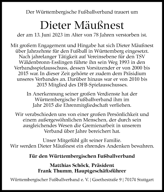 Traueranzeige von Dieter Mäußnest von Eßlinger Zeitung/Cannstatter Zeitung