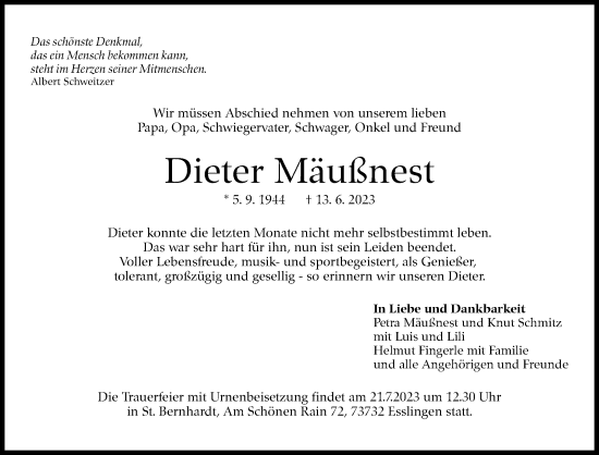 Traueranzeige von Dieter Mäußnest von Eßlinger Zeitung/Cannstatter Zeitung