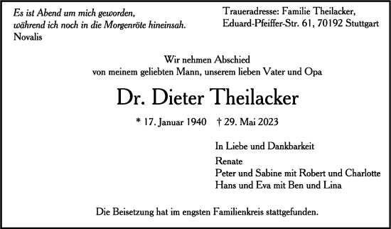 Traueranzeige von Dieter Theilacker von Eßlinger Zeitung/Cannstatter Zeitung