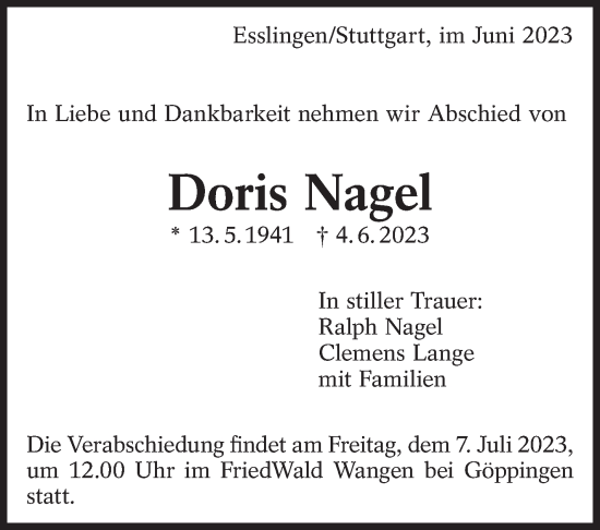 Traueranzeige von Doris Nagel von Eßlinger Zeitung/Cannstatter Zeitung