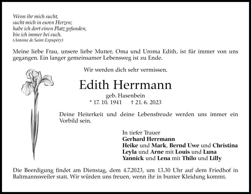  Traueranzeige für Edith Herrmann vom 27.06.2023 aus Eßlinger Zeitung/Cannstatter Zeitung