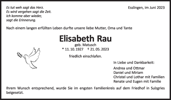 Traueranzeige von Elisabeth Rau von Eßlinger Zeitung/Cannstatter Zeitung