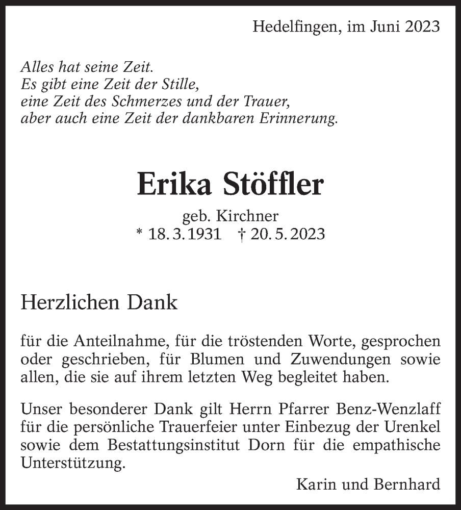  Traueranzeige für Erika Stöffler vom 10.06.2023 aus Eßlinger Zeitung/Cannstatter Zeitung